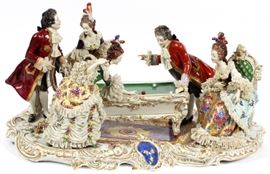 VOLKSTEDT DRESDEN LACE PORCELAIN FIGURAL GROUP, H 11 1/2", W 21", D 12", BILLARD GAME