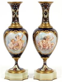 SEVRES STYLE PORCELAIN & CHAMPLEVÉ ENAMELED URNS, LATE 19TH.C. PAIR, H 9 1/4"
