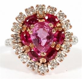 1.40CT NATURAL PINK SAPPHIRE, 1.15CT DIAMOND AND 1.05CT RUBY CLUSTER RING, SIZE 5.5