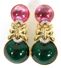 9CT NATURAL TOURMALINE, .30CT DIAMOND AND 18KT GOLD EARRINGS, PAIR, H 1 3/4", W 3/4"