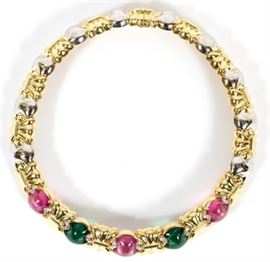 70CT NATURAL TOURMALINE, .60CT DIAMOND & 18KT GOLD NECKLACE, DIA 14" (APPROX.)