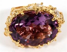 16CT NATURAL AMETHYST, 3.3CT DIAMOND AND 14KT YELLOW GOLD RING, SIZE 6