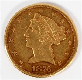 U.S. 1876 CC $5 GOLD LIBERTY HEAD COIN, DIA 21.6 MM
