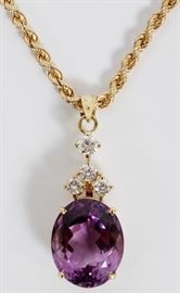 AMETHYST, DIAMOND, & 14KT GOLD PENDANT NECKLACE, L 18''