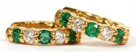86CT NATURAL EMERALD AND .42CT DIAMOND HOOP EARRINGS, PAIR, H 5/8", W 1/8"