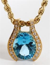 BLUE TOPAZ & DIAMOND PENDANT 14K NECKLACE, L 18''

