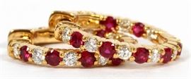 1.15CT NATURAL RUBY AND .65CT DIAMOND HOOP EARRINGS, PAIR, H 5/8", W 1/8"
