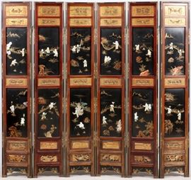 

CHINESE LACQUERED AND HARDSTONE DECORATED SIX PANEL SCREEN, H 74" W 75" (EACH 12 1/2")
