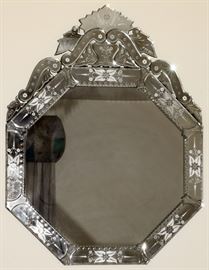 VENETIAN CUT & ETCHED GLASS MIRROR, H 39", W 30"