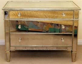 CONTEMPORARY MIRRORED & WOOD CHEST OF DRAWERS, C. 1950'S, H 34", W 42", D 19"^
