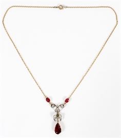VICTORIAN 10KT YELLOW GOLD, RED TOURMALINE AND DIAMOND NECKLACE, L 16"
