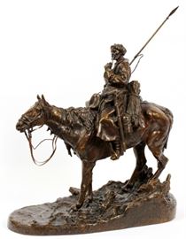AFTER EVGENII LANCERAY (RUSSIAN, 1848-1886), BRONZE SCULPTURE, H 18 1/2", W 8 1/4", L 18" (APPROX.), COSSACK SMOKING A PIPE