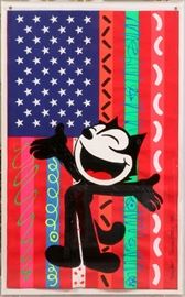 RONNIE CUTRONE, (US 1948-2013), ACRYLIC PAINTING ON FABRIC, 1988, IMAGE: H 59", W 36" "DAY GLOW", FELIX THE CAT FLAG~