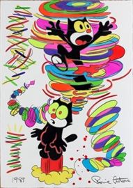 RONNIE CUTRONE, WATERCOLOR, 1989, IMAGE: H 41", W 28 1/2", "WORLD WIND", FELIX THE CAT~