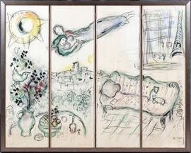 MARC CHAGALL (FR/RUSS, 1887-1985), 4 COLOR LITHOS IN THE FORM OF A 4 PANEL SCREEN, EACH PANEL IMAGE SIGHT: H 57", W 17 1/2"~