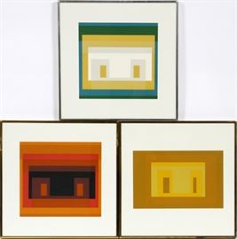JOSEF ALBERS (AMERICAN/GERMAN, 1888-1976), COLOR SERIGRAPHS, 1967, 3, IMAGE SIZES: H 11", 8.5", W 11.5", 13", FROM "10 VARIANTS"~