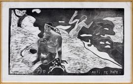 
PAUL GAUGUIN (FRENCH, 1848-1903), WOODCUT, "AUTI TE PAPE", H 8", W 13 3/4"~
