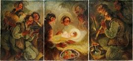 KAZIMIERZ SICHULCKI (1879-1942), OIL ON CANVAS, "BIRTH OF JESUS-LIGHT OF THE WORLD", THREE PANELS, H 40 1/2", W EACH PANEL 29"