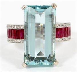 15.15CT NATURAL AQUAMARINE, 2.5CT RUBY AND 1.75CT DIAMOND RING, W 1/2", L 1", SIZE 8, GIA