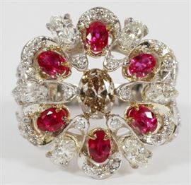 .55CT NATURAL FANCY BROWN DIAMOND, WHITE DIAMOND AND RUBY CLUSTER RING, SIZE 7
