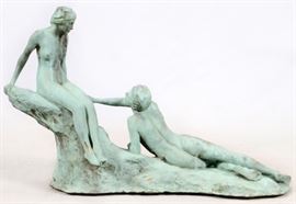 ROLAND HINTON PERRY (USA 1870 - 41) BRONZE SCULPTURE, 1913, H 26" W 41" NUDE LOVERS~