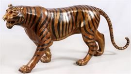 LIFE SIZE CONTEMPORARY BRONZE WALKING BENGAL TIGER SCULPTURE, H 33", L 76"