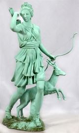 PATINATED MID-CENTURY BRONZE GARDEN SCULPTURE, H 7', W 5', D 34" "DIANA OF VERSAILLES"