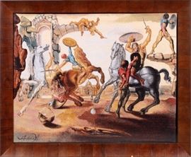 SALVADOR DALI TAPESTRY, H 42'', W 54'', "BATTLE AROUND A DANDELION"