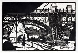 LEO MEISSNER (1895-1973), LINOCUT, 1925, H 8 3/8", W 12 1/2", "JOURNAL SQUARE, JERSEY CITY"