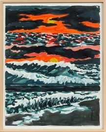 RICHARD BOSMAN (US, B. 1949), MODERN WATERCOLOR & GOUACHE, H 33", W 25 1/2", ABSTRACT SEASCAPE WITH RED SKY & SETTING SUN