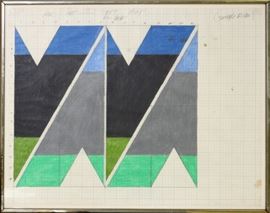 LARRY ZOX, MIXED MEDIA DRAWING ON GRAPH PAPER, C. 1965, H 17'', W 22'', "SINGLE FILE"~