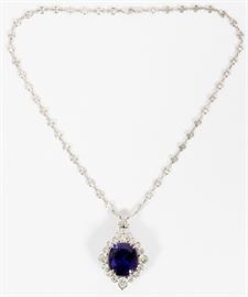 35.94CT NATURAL TANZANITE, 10.15CT DIAMOND AND 18KT WHITE GOLD NECKLACE, L 17 1/2", GIA