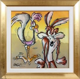 MIXED MEDIA ON CANVAS, H 29'', W 29'', WILE E. COYOTE & ROAD RUNNER~