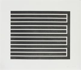 DONALD JUDD, AQUATINT ON PAPER, C. 1980, 12/150, H 24 1/4", W 29 1/2", UNTITLED (BLACK & WHITE LINES)