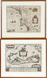 ATTRIBUTED TO WILLEN BLAEU, 2 HAND COLORED ENGRAVED MAPS, "NAVA BELGICA" & "MAPPA AESTIVARUM", 15 1/4" X 19 3/4" & 16" X 21"