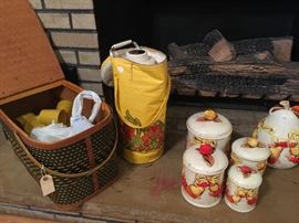 Vintage picnic basket, vintage coffee pump, ceramic canister set