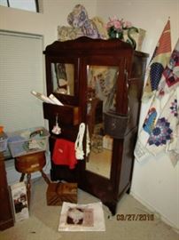 Antique Dressing Cabinet and sewing items.