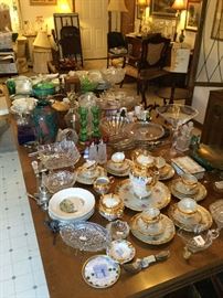 TABLES FULL OF GLASSWARE INCLUDING GOLD EMBOSSED FRENCH TEASET