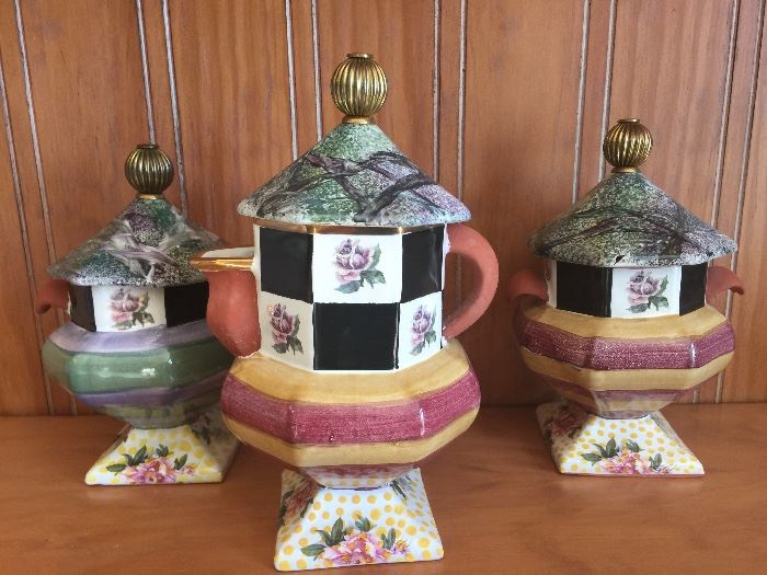 6. MacKenzie Childs Torquay Frank & Mustard Ceramic Teapot, and Cream & Sugar Set