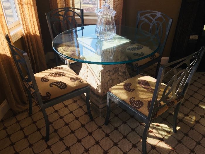 1. Glass Topped Dining Table w/ Gunmetal Scroll Base (72" x 36")                                                                                                                     2. 6 Gunmetal w/ Brass Accent Chairs w/ Upholstered Seats (16" x 20" x 38")