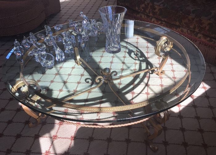 10. 56" Round Beveled Glass Top Coffee Table w/ Gilded Metal Scrolled Base, 17" Ht.