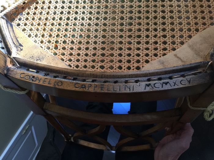 19. Cornelio Cappellini MCMXCV Italian Handcarved Handpainted Cane Seat Chair w/ Damask Seat Cushion (18" x 20" x 35")