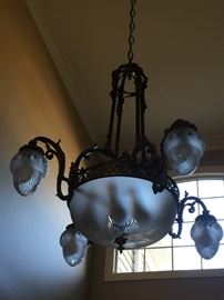 58. Antique French Entry Chandelier w/ Brass & Frosted Glass 