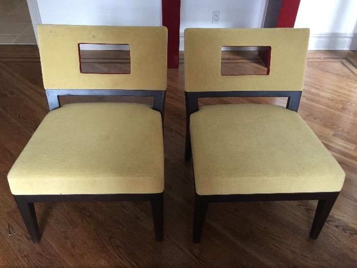8. Pair of Christian Liaigre for Holly Hunt Slipper Chairs Upholstered in Yellow Boucle w/ Red Suede back ( 24" x 32" x 30")