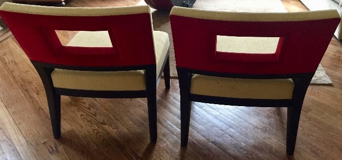 8. Pair of Christian Liaigre for Holly Hunt Slipper Chairs Upholstered in Yellow Boucle w/ Red Suede back ( 24" x 32" x 30")