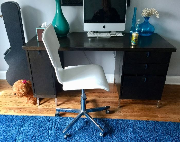 48. West Elm Espresso Wood & Chrome Desk (5' x 2' x 30")                                                                                                                 49. White Desk Chair (18" x 21" x 39")                                                                                                