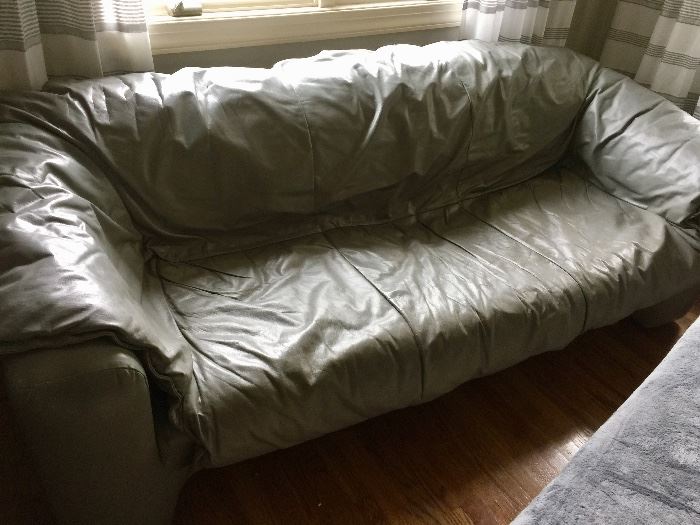 56. Grey Leather Blanket Cover Sofa (7' x 3' x 29") 