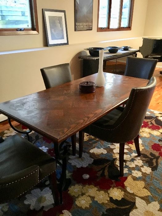 Vintage parquet wood dining table & chairs 