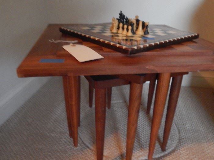 Mid century stack tables, Chess boards.