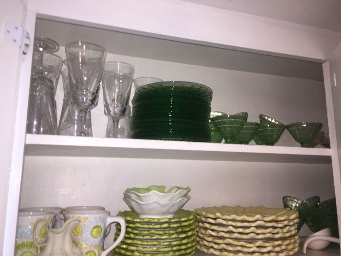 green depression ware and so many pretty dish sets